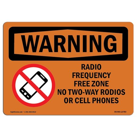 SIGNMISSION OSHA Warning Sign, 12" Height, 18" Width, Aluminum, Radio Frequency Free Zone With Symbol, Landscape OS-WS-A-1218-L-12783